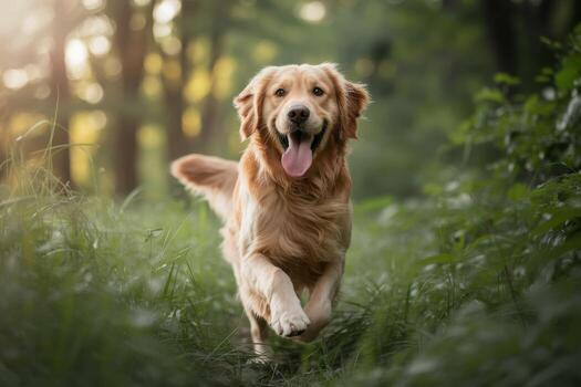 A golden dog running through a grassy field with trees in the blurred background of the scene photo