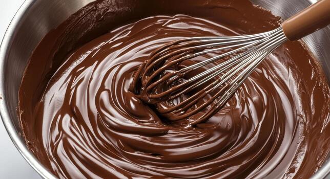 Melted chocolate being whisked in a pot, top-down close-up with steam and shine photo
