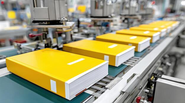 Robotic arms assembling hardcover books on production line, factory close-up view photo