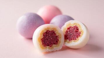 Close Up Of Pastel Colored Mochi With A Red Filling On A Light Pink Surface In A Studio Setting photo