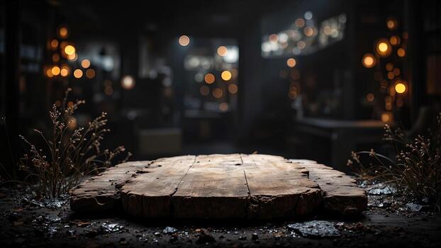 Rustic Wooden Platform Surrounded by Soft Focus Decorative Lights photo
