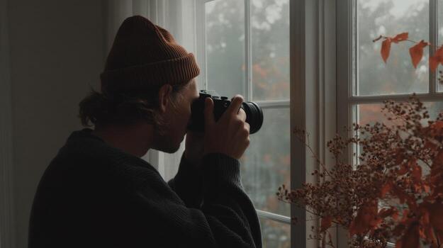 Person taking photo with camera near window with autumn leaves outside