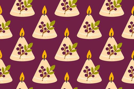 Autumn pattern with triangular candles featuring berry branches and green leaves vector