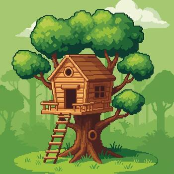 Pixel Art Treehouse in Forest Canopy with Ladder. vector