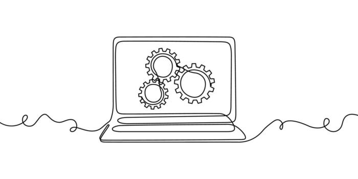 ordenador portátil línea continuo computadora pantalla oficina trabajo Arte ordenador personal contorno ilustración. línea ordenador portátil continuo soltero garabatear cuaderno escritorio mecanografía negocio icono monitor digital correo electrónico datos tecnología. vector