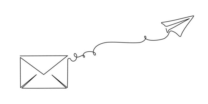 Continuous art mail one line icon email letter paper message. Art line mail continuous sketch newsletter outline contact plane illustration business single doodle arrow journey travel send fly vector