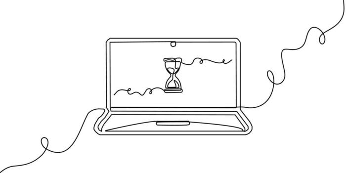 continuo línea ordenador portátil Arte computadora pantalla oficina trabajo ordenador personal contorno ilustración. ordenador portátil continuo línea cuaderno garabatear soltero escritorio mecanografía negocio icono monitor digital correo electrónico tecnología datos. vector