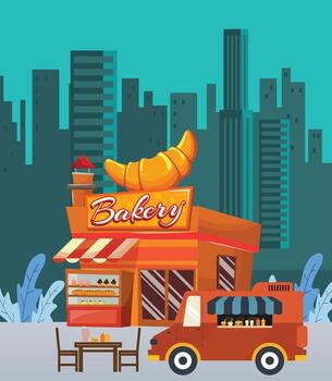 un panadería con un camión y un mesa en frente de eso vector