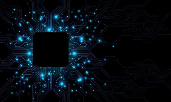 Abstract blue grey circuit board technology connected lines electronics elements computer motherboard chip processor semiconductor digital on black background vector