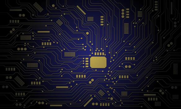 Abstract gold circuit board technology connected lines electronics elements computer motherboard chip processor semiconductor digital on blue background vector