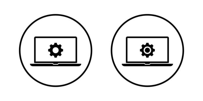 Computer laptop with gear icon in circular outline. System setup and maintenance symbol vector