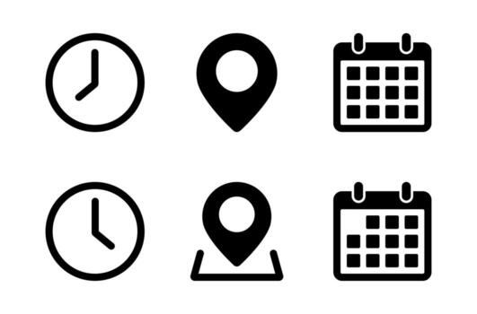Time, location, and calendar icon. Clock, place marker, and date symbol. Schedule, map pin, and event planning interfaces vector