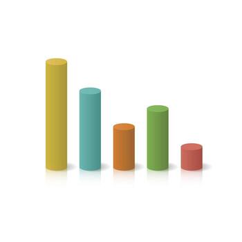 Isometric colorful cylinder bar graph showing a financial decline. 3D chart representing loss, decrease, and business drop vector