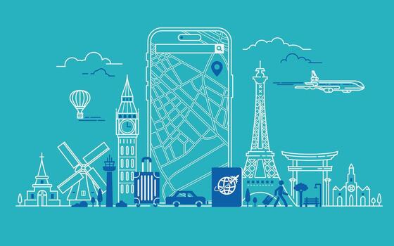 concepto de inteligente viajar, gráfico de inteligente teléfono con GPS solicitud y viaje elemento tal como eiffel torre y grande ben vector
