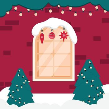 Navidad escena en frente de un rojo ladrillo pared con un ventana, en ambos lados de el ventana son dos verde Navidad arboles decorado con guirnaldas con amarillo luces. vector