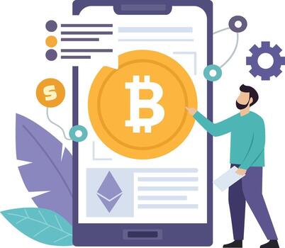 Man interacting with a smartphone displaying Bitcoin and other cryptocurrencies, connected by a network, with leaves in the background vector