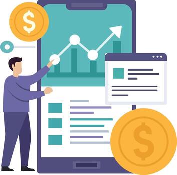 hombre señalando a un creciente grafico en un teléfono inteligente pantalla, con monedas y un navegador ventana representando financiero crecimiento y en línea negocio. vector