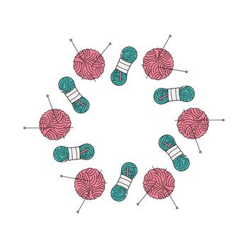 Knitting. Frame, border. Balls, skeins of wool, threads, knitting needles. Drawing, linear graphics. Handmade, inscription. Text, hand lettering, needlework, illustration on isolated background. vector