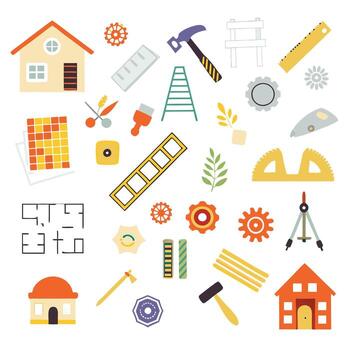 Assorted construction tools and home elements isolated on white background vector