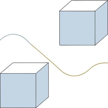 Two cubes linked by a wavy line, isolated on white background vector