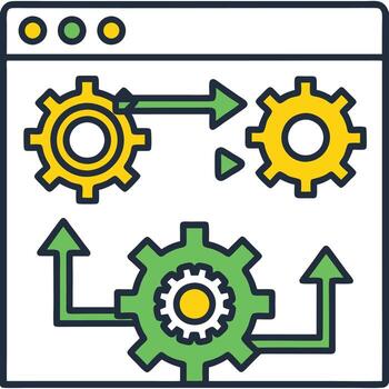 Interconnected gears and arrows showing process flow and system integration vector
