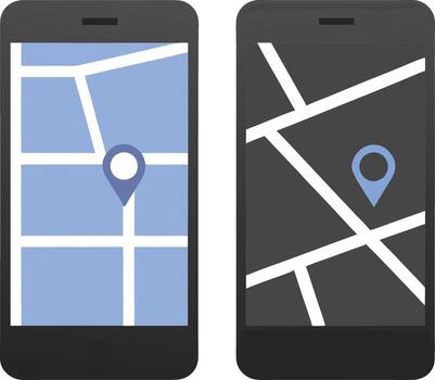 Two smartphones showing a map application, one light and one dark mode vector