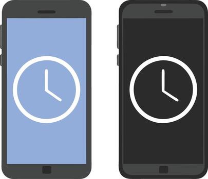 Two smartphones displaying a clock interface, one light and one dark mode vector