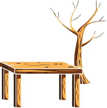 Wooden table and bare tree branches isolated on white background vector