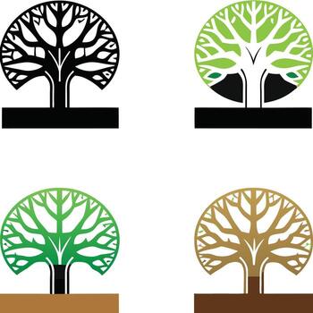 Four stylized tree graphics with colored bases isolated on white background vector