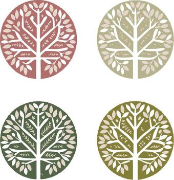 Four circular tree designs in various colors vector