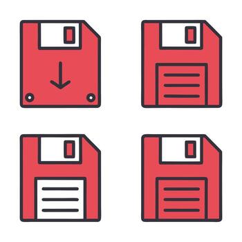 Four red floppy disks, one with a download arrow, isolated vector