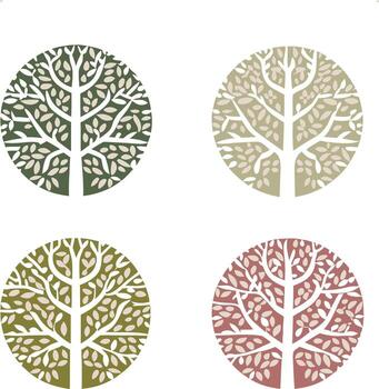 Four circular tree patterns in green, beige, and red isolated on white background vector