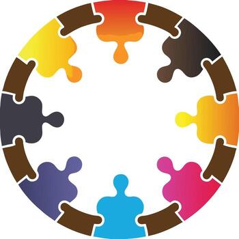 vistoso rompecabezas piezas formando un círculo, simbolizando trabajo en equipo y unidad vector