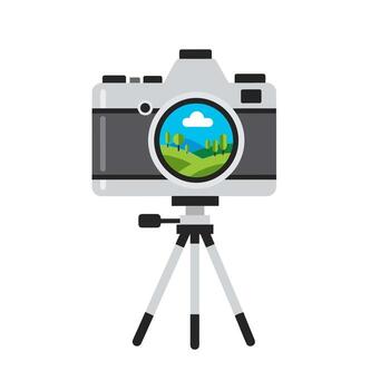 A camera on a tripod with a landscape in the background vector