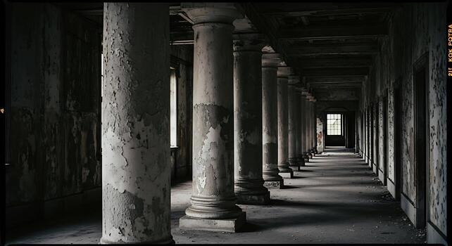 A long hallway with columns and peeling paint in an abandoned building with a dim light at the end photo