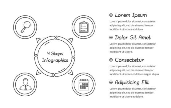 Doodle circle diagram with four elements with place for icons and text, handdrawn infographic template vector