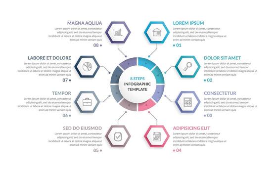 Circle infographic template with eight hexagons, can be used as steps or options, process chart, creative business infographics vector