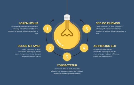 Education infographic template with bulb and five circles around it with numbers and place for your text vector