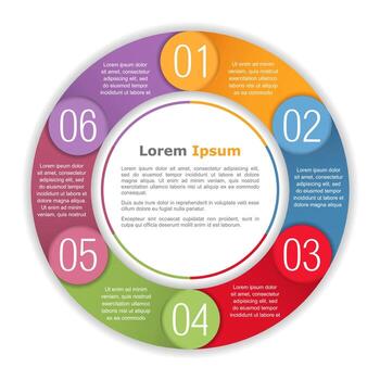 Circle infographics with six elements, steps or options, process diagram, round chart template vector