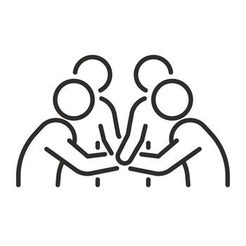 equipo icono, cuatro manos secundario cada otro, colaborativo trabajo en equipo, comunidad de unido gente, unirse voluntario equipo, apoyo y unidad, Delgado símbolo en blanco antecedentes - editable carrera ilustración vector