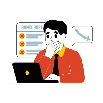 Illustration of a man in front of a laptop with a business graph icon going down vector