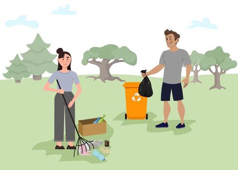 People cleaning up the park together vector