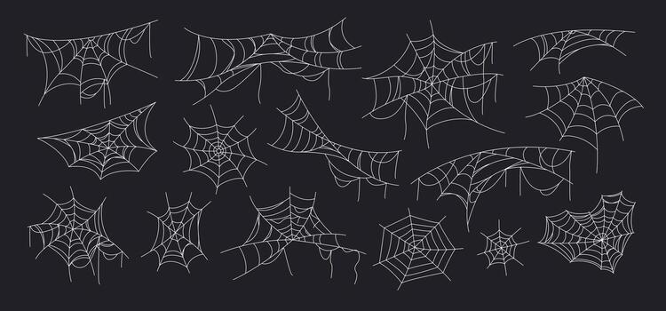 Víspera de Todos los Santos telaraña colocar. aislado mano dibujado blanco telaraña haz en varios formas para escalofriante y gótico diseños Perfecto decoración para web, imprimir, y fiesta temas línea Arte elementos. vector