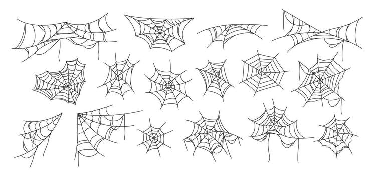 Víspera de Todos los Santos telaraña colocar. aislado mano dibujado telaraña haz en varios formas para escalofriante y gótico diseños Perfecto decoración para web, imprimir, y fiesta temas línea Arte elementos en blanco. vector