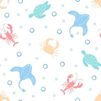 Seamless underwater pattern. Cartoon aquatic creatures like turtle, crab, and shrimp combine with marine life forms. Ocean design with flat style, vibrant colors, and aquatic backdrop. Perfect for vector