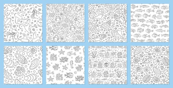 Underwater seamless pattern set in outline style. Marine ocean background featuring fish, reef, and jellyfish. Cartoon aquatic texture perfect for summer themes or design projects. vector