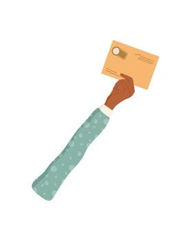 dibujos animados mano participación realimentación correo. aislado mano avaro un sobre para revisión y cliente opinión. comunicación símbolo para mensaje intercambiar y encuesta propósitos en un moderno contexto. vector