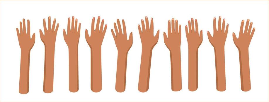 Raised open bare hand set in flat style. Open gestures symbolize teamwork, solidarity, and community support. Diverse raised hands highlight unity and giving. Isolated on white background. vector