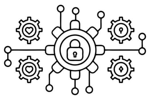 Cybersecurity network with gears and lock silhouette isolated on white background vector