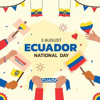 ecuador Independence Day Design, August 1oth celebration design template with people holding flags and circular map with enthusiasm, ecuador map and flag in poster and banner form vector